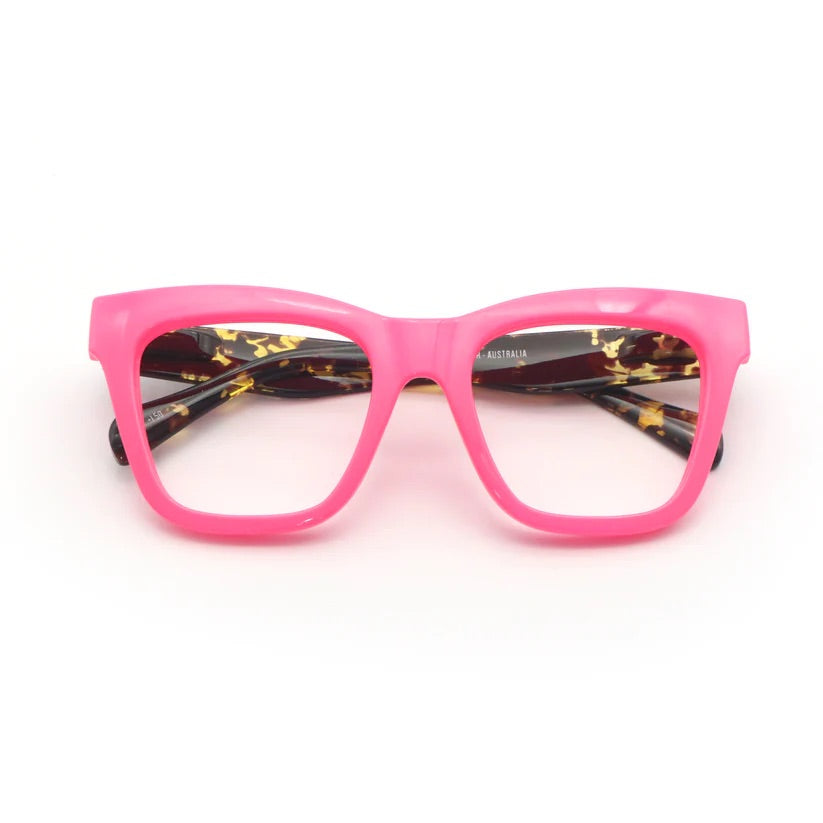 Pink square framed glasses with dark patterned arms and clear lenses