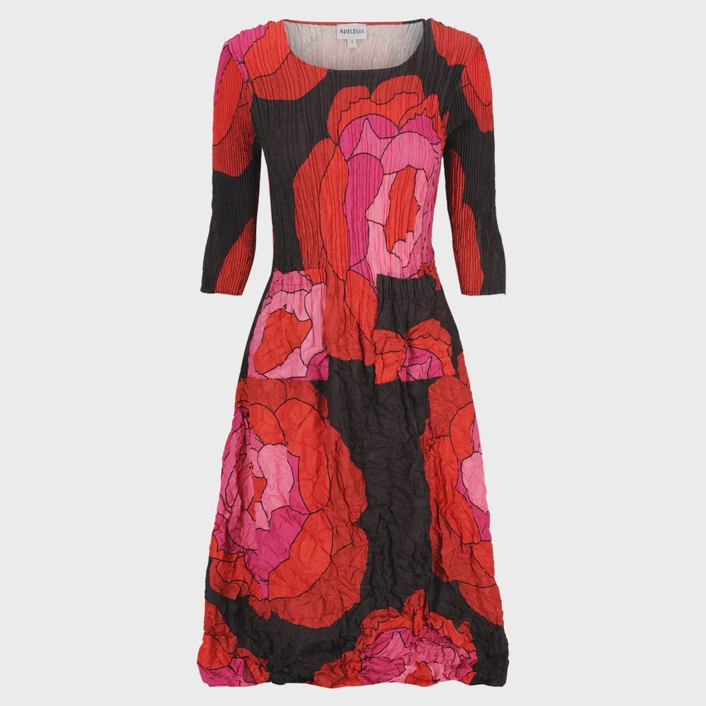 Alquema | 3/4 Sleeve Smash Pocket Dress /Black Red Pink Roses
