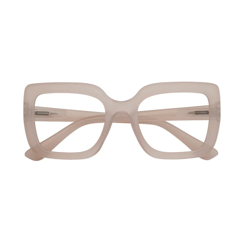 Large clear pink square framed glasses
