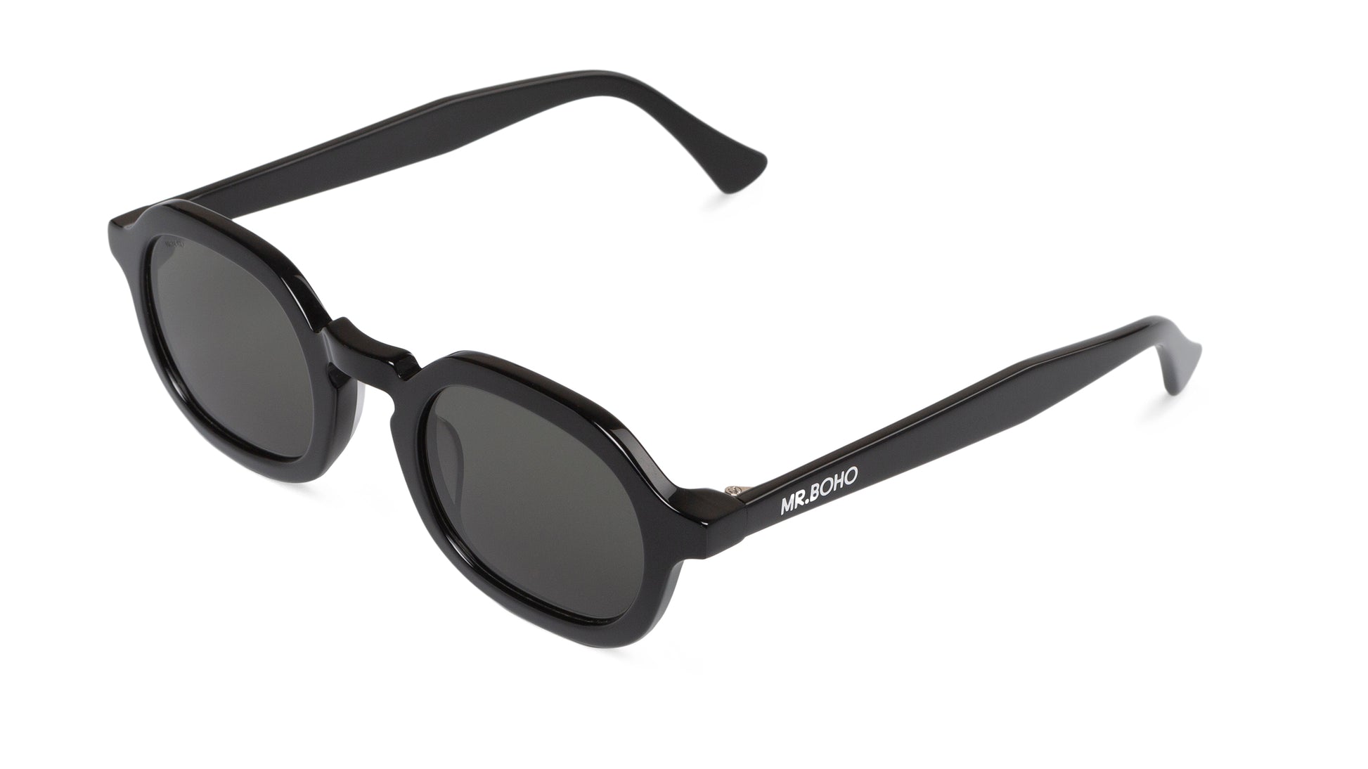 A pair of black-framed oval sunglasses with dark lenses - arial view