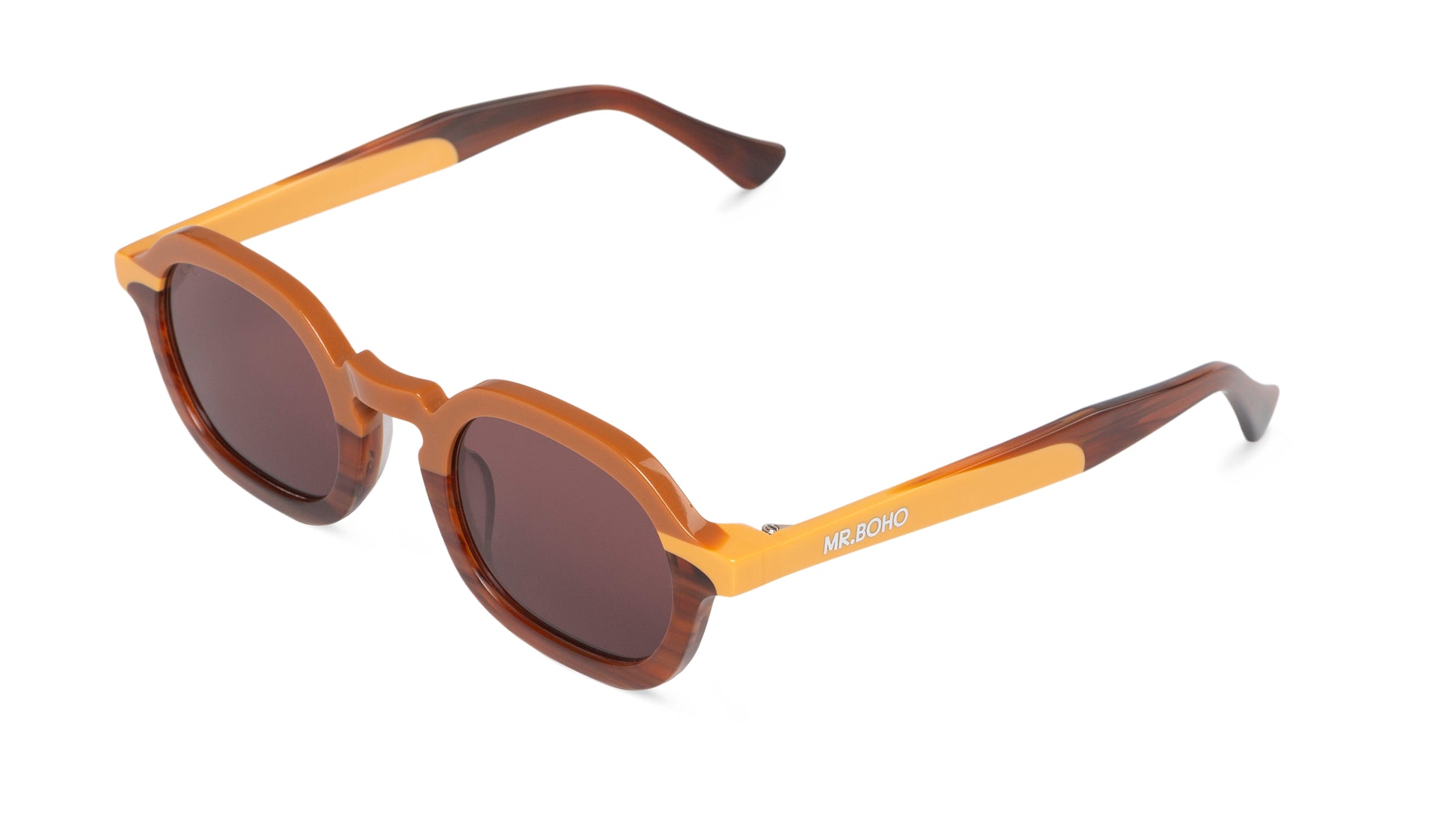 A pair of brown-framed oval sunglasses with dark lenses. - arial view