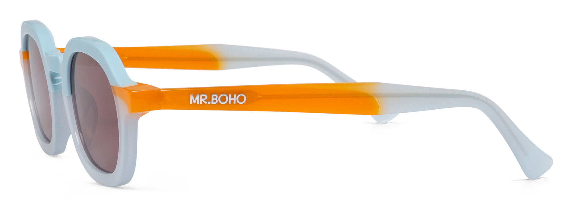 A pair of light blue with orange accents-framed oval sunglasses with dark lenses. - side view mr boho logo on arm