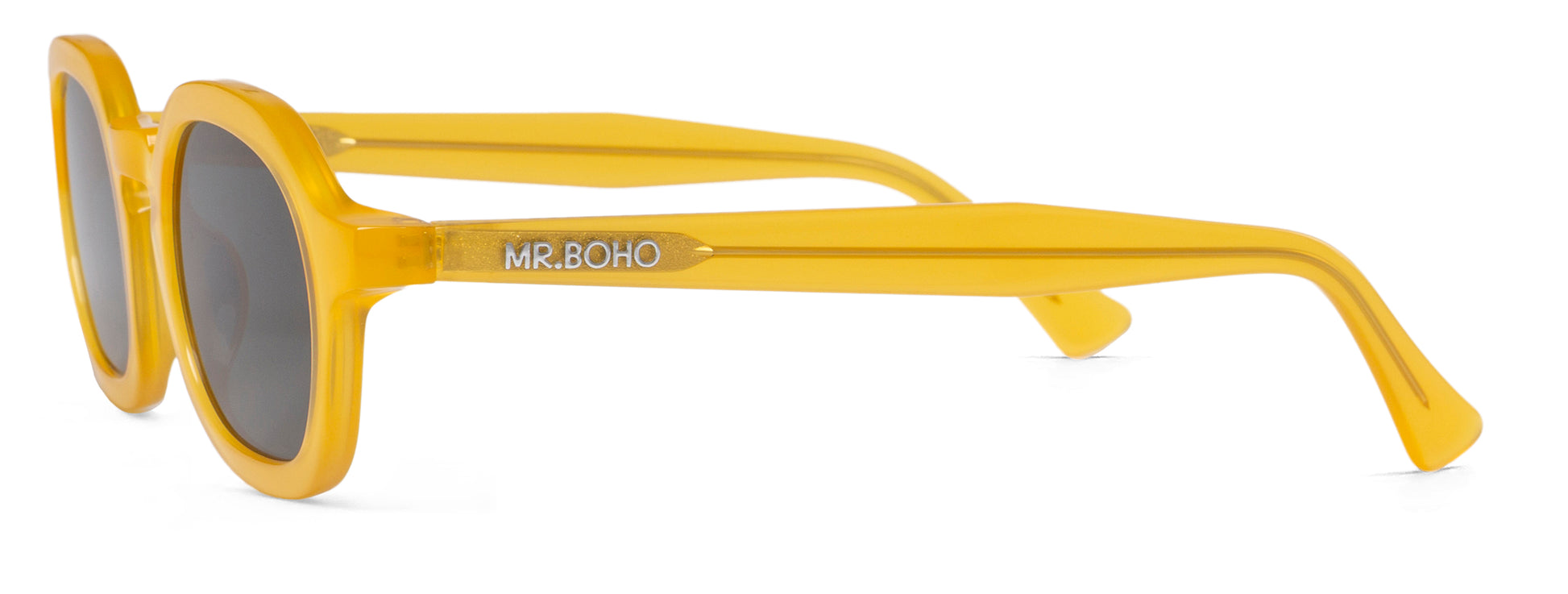 A pair of yellow-framed oval sunglasses with dark lenses side view with mr.boho logo on arm