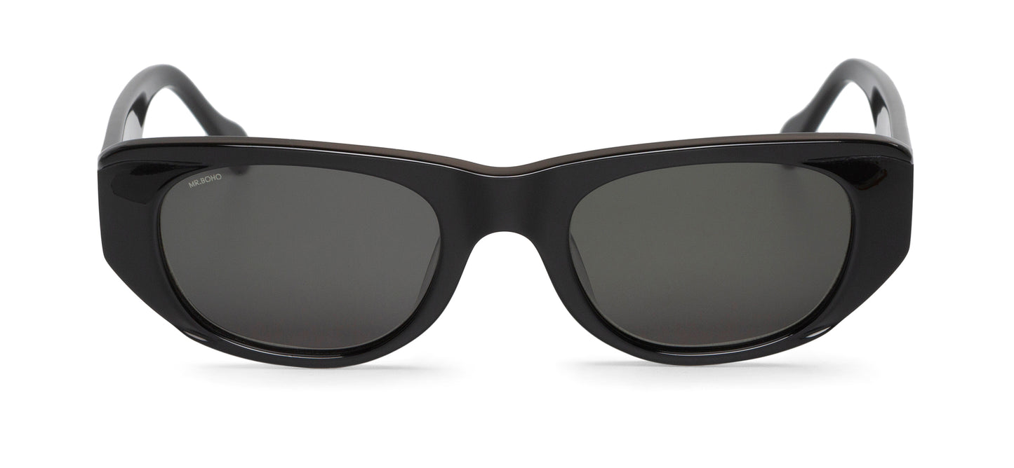 Rectangle with cat eye framed sunglasses in black with dark lenses