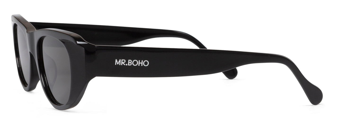 Rectangle with cat eye framed sunglasses in black with dark lenses - side view mr boho logo on arm