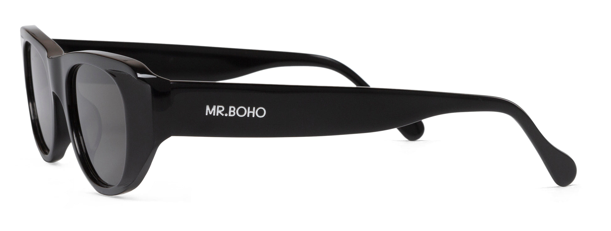 Rectangle with cat eye framed sunglasses in black with dark lenses - side view mr boho logo on arm