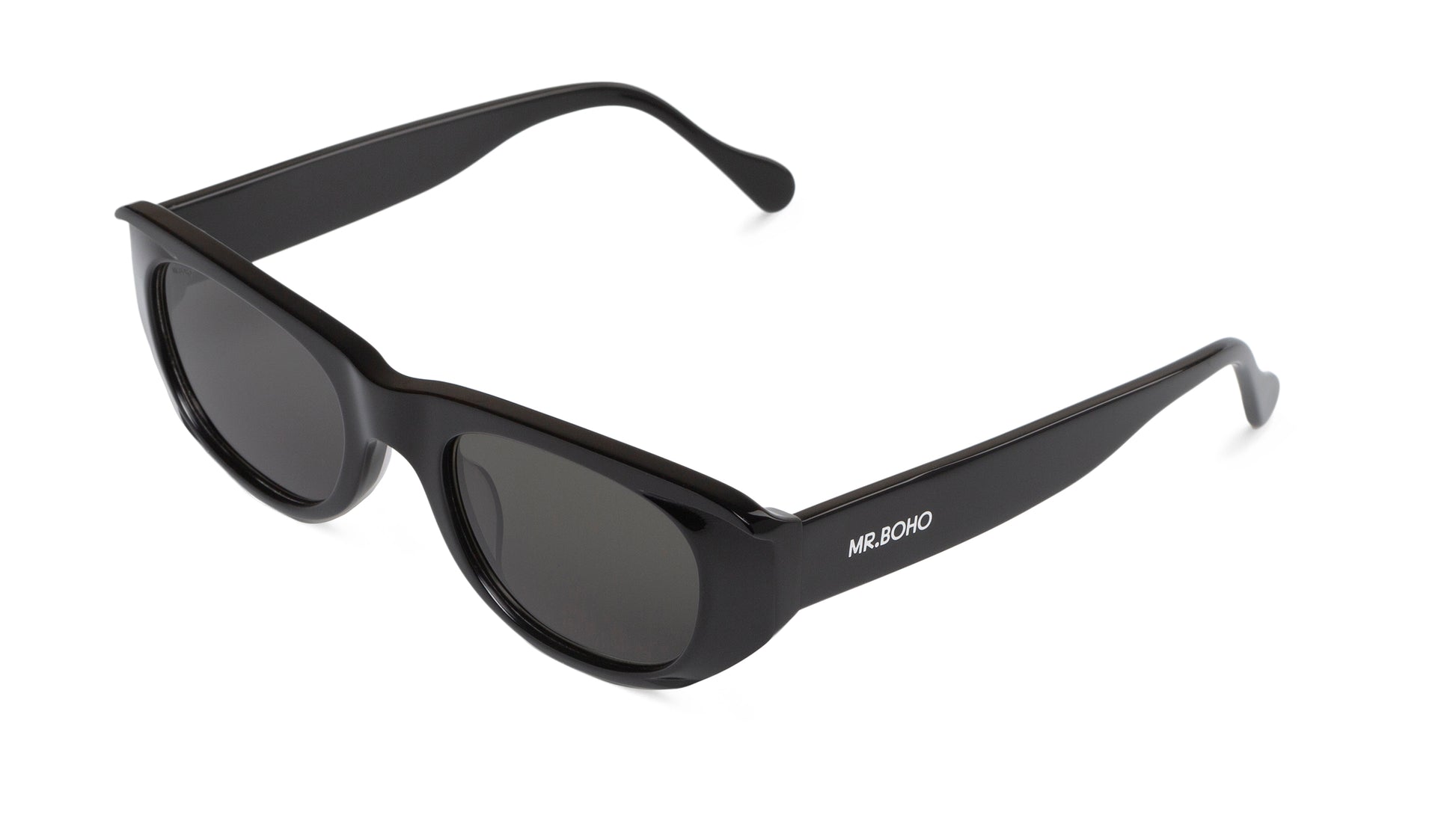 Rectangle with cat eye framed sunglasses in black with dark lenses - arial view