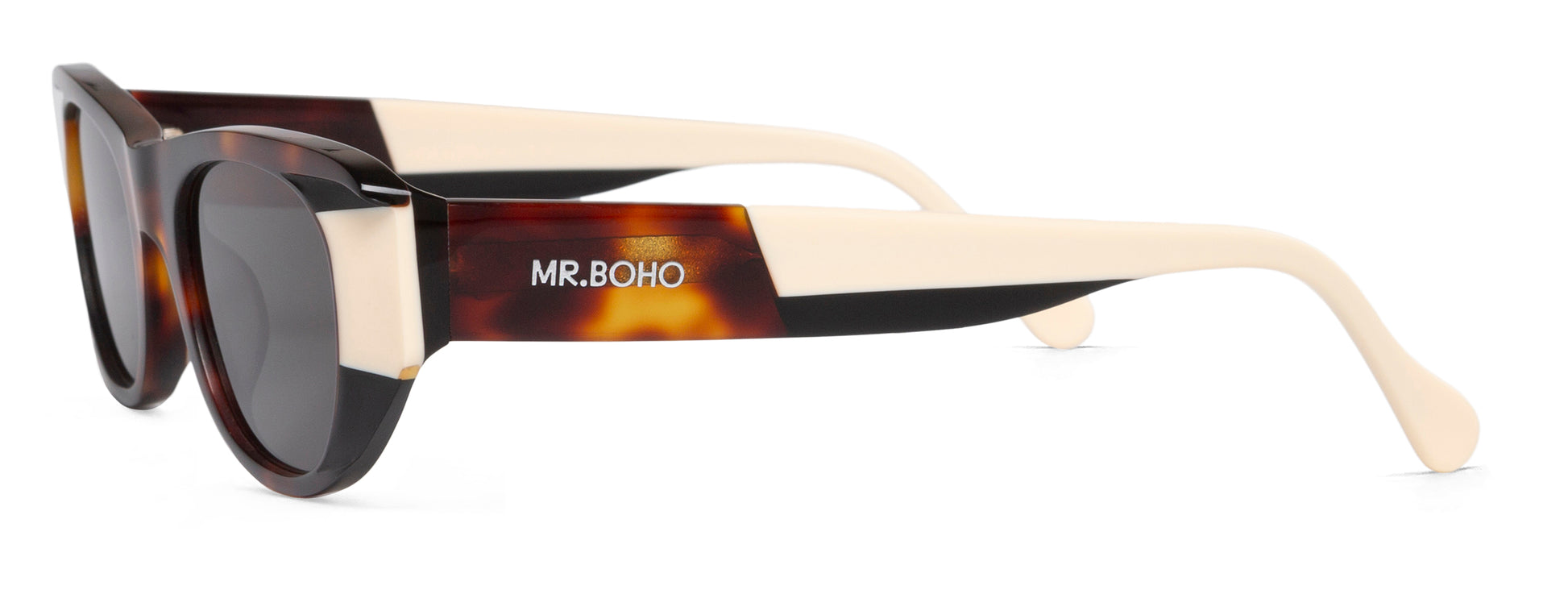 Rectangle with cat eye framed sunglasses in tortoiseshell with white accents and dark lenses - side view mr boho logo on arm