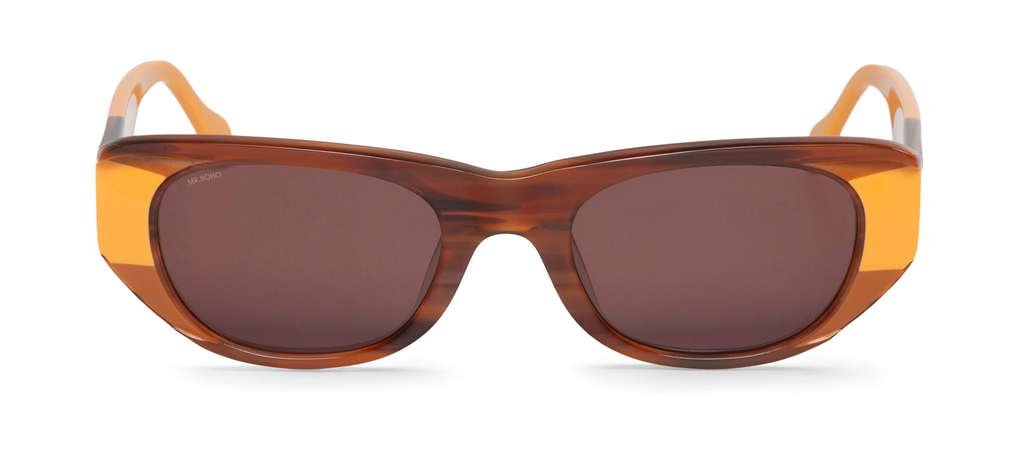 Rectangle with cat eye framed sunglasses in brown with orange accents and dark lenses
