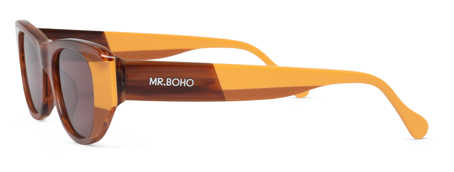 Rectangle with cat eye framed sunglasses in brown with orange accents and dark lenses - side view mr boho logo on arm