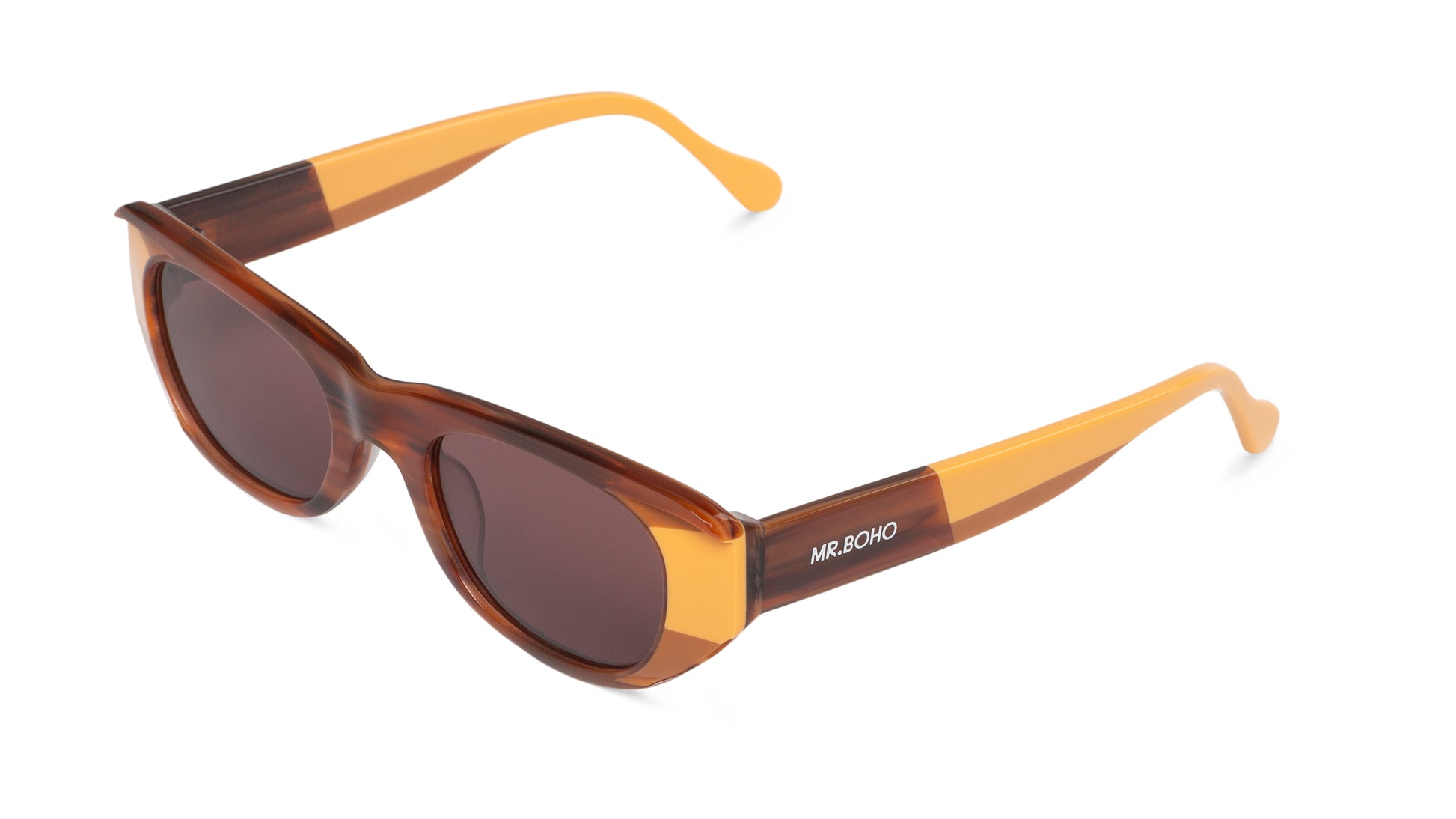 Rectangle with cat eye framed sunglasses in brown with orange accents and dark lenses- arial view