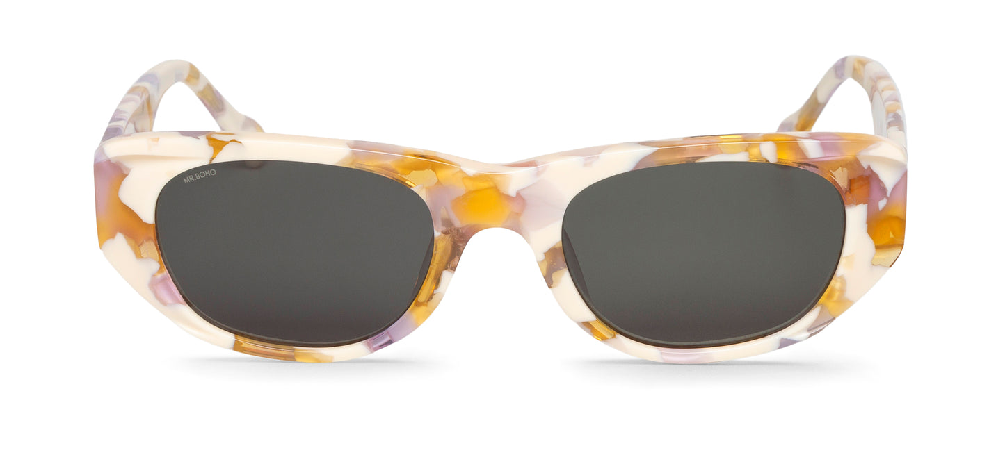 Rectangle with cat eye framed sunglasses in lilac/cream mosaic pattern with dark lenses