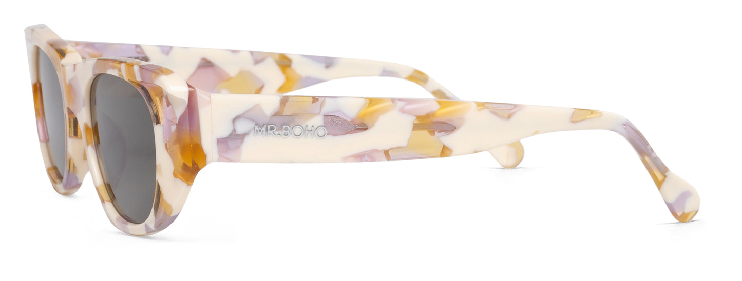 Rectangle with cat eye framed sunglasses in lilac/cream mosaic pattern with dark lenses - side view mr boho logo on arm
