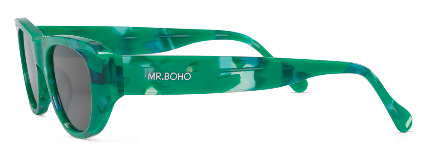 Rectangle with cat eye framed sunglasses in green mosaic pattern and dark lenses - side view mr boho logo on arm