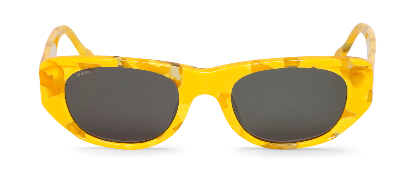 Rectangle with cat eye framed sunglasses in yellow mosaic pattern with dark lenses