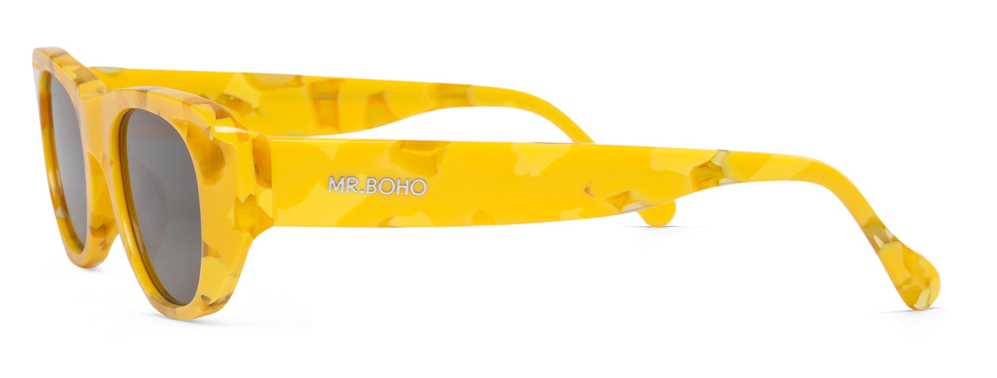 Rectangle with cat eye framed sunglasses in yellow mosaic pattern with dark lenses - side view mr boho logo on arm
