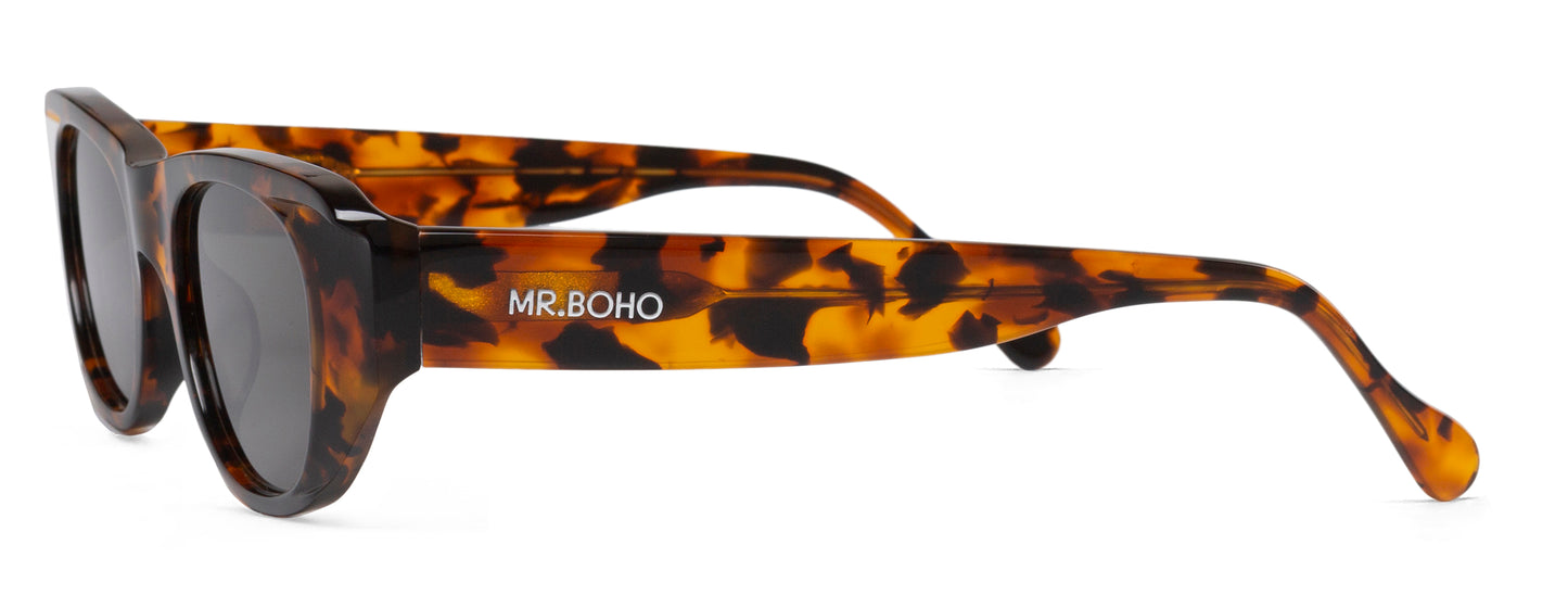 Rectangle with cat eye framed sunglasses in tortoiseshell with dark lenses - side view mr boho logo on arm