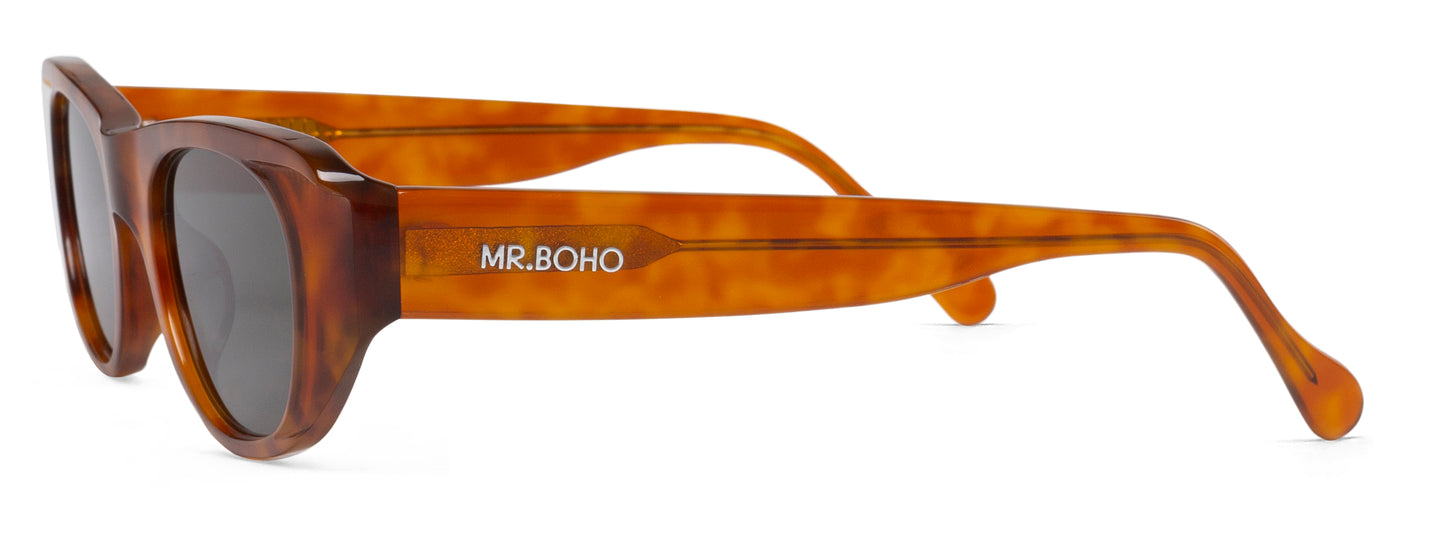 Rectangle with cat eye framed sunglasses in a light tan tortoiseshell with dark lenses - side view mr boho logo on arm