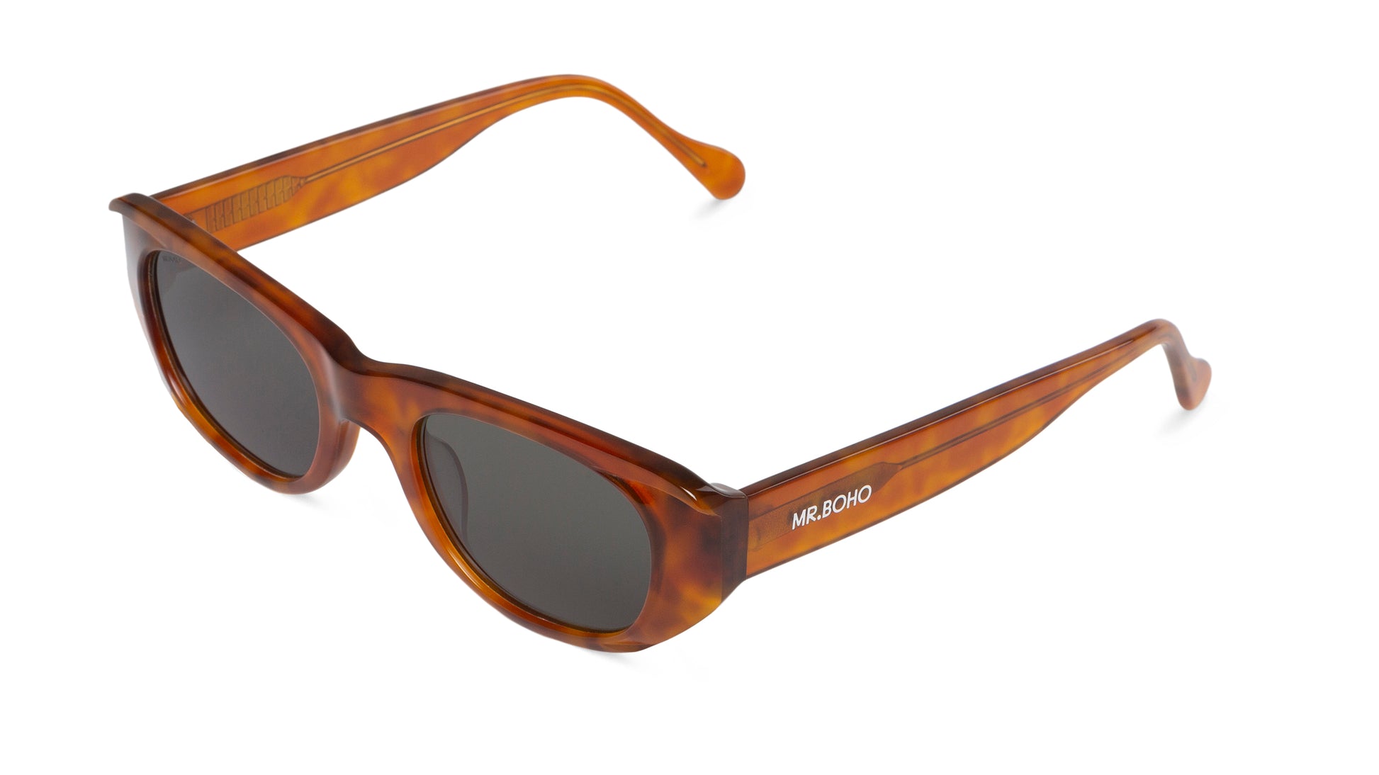 Rectangle with cat eye framed sunglasses in a light tan tortoiseshell with dark lenses - arial view