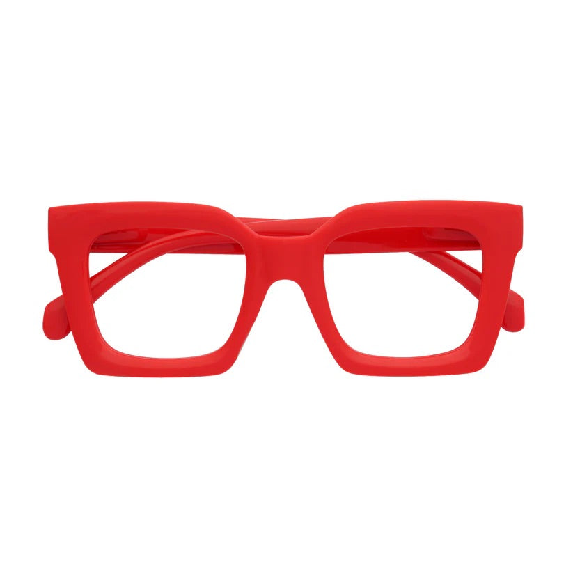 Red square framed glasses