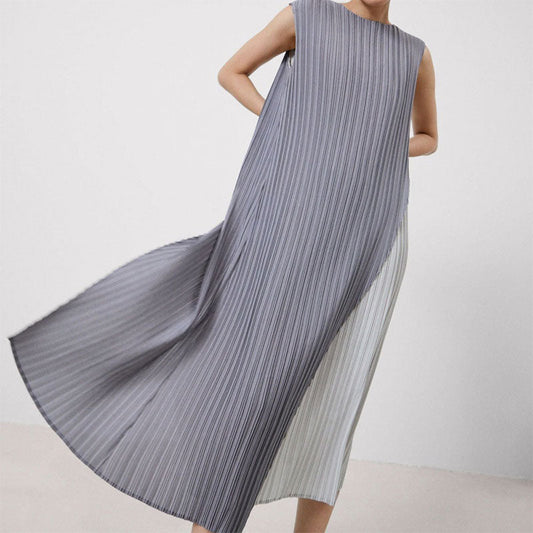 Grey Asymmetrical Two-Color Crinkle Dress