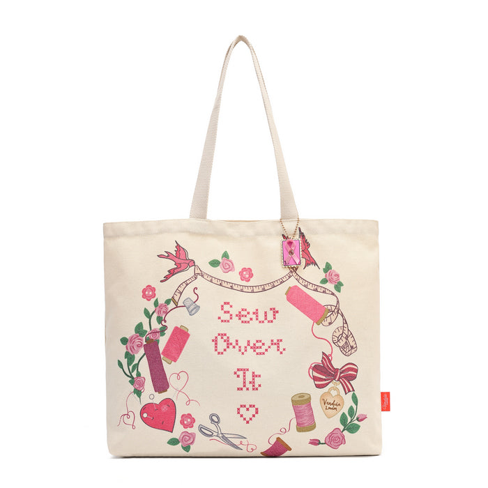 Pink Ribbon - Sewing Box Scrapbook - Canvas Tote Bag - Vendula London Packshot Angle 2