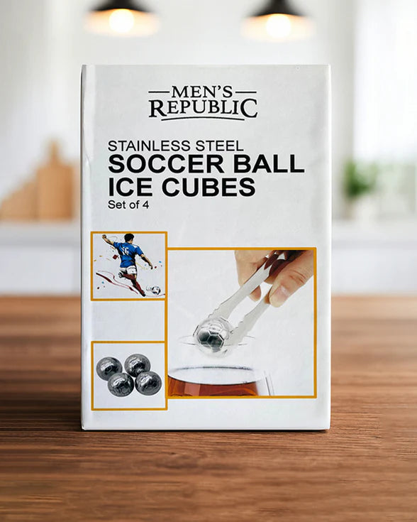Box of Men's Republic stainless steel soccer ball ice cubes on a wooden surface.