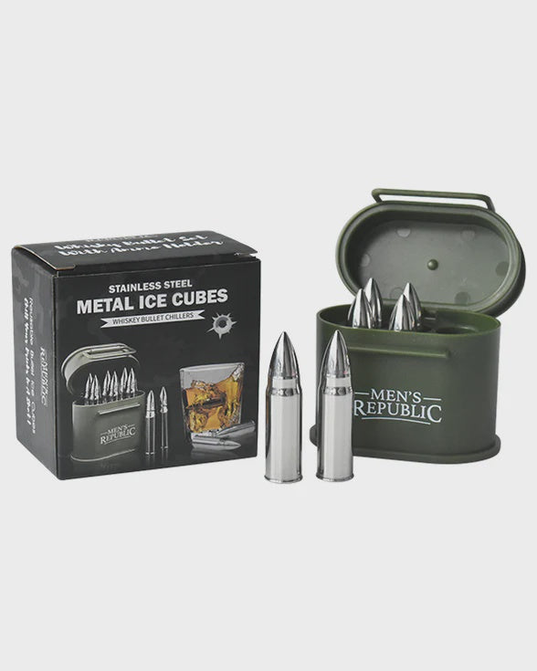 Metal ice cube set with packaging on a white background