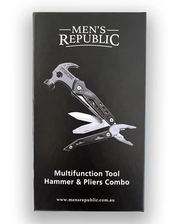 Multifunction tool hammer and pliers combo packaging with 'Men's Republic' branding.