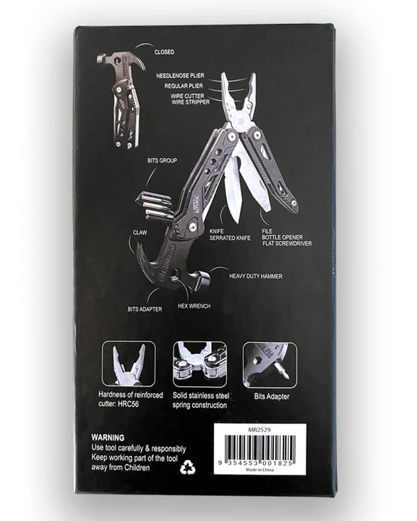 Back view of a multi-tool packaging with tool illustrations and specifications.