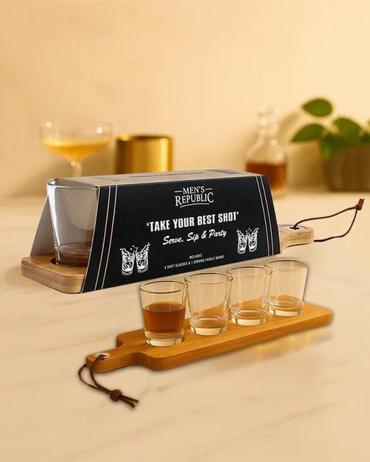 Men's Republic shot glass set with a tray on a table