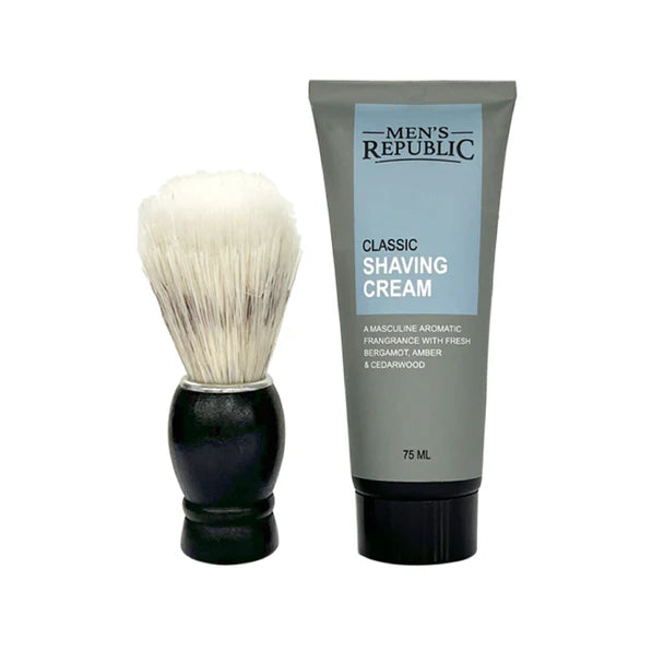 Shaving brush and Men's Republic shaving cream on a white background