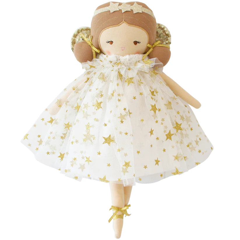 Plushdoll with gold star headband and white dress with gold stars