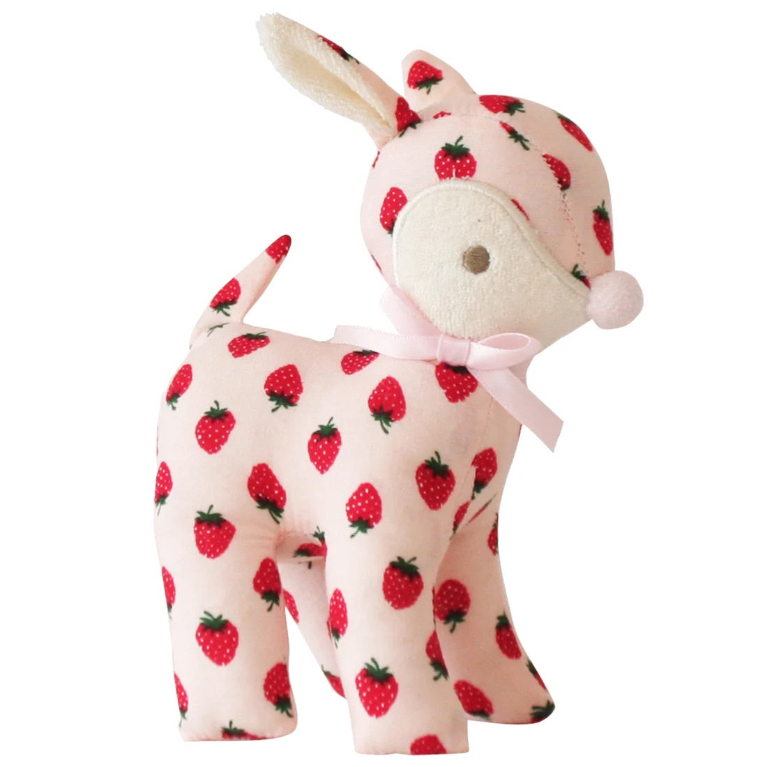 Pink deer with red strawberries all over printed and pink ribbon bow on neck