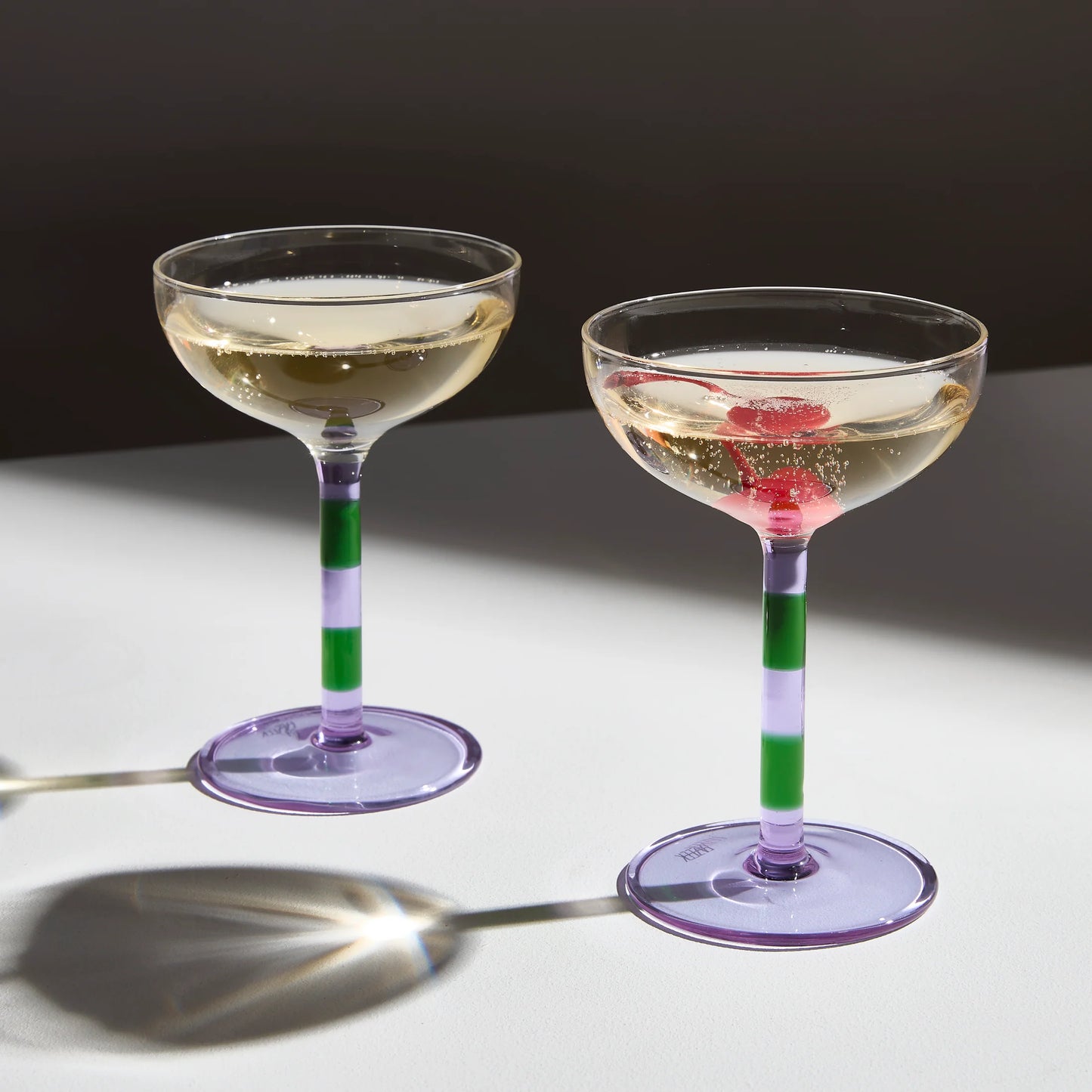 TWO x STRIPED COUPE GLASSES - LILAC + GREEN