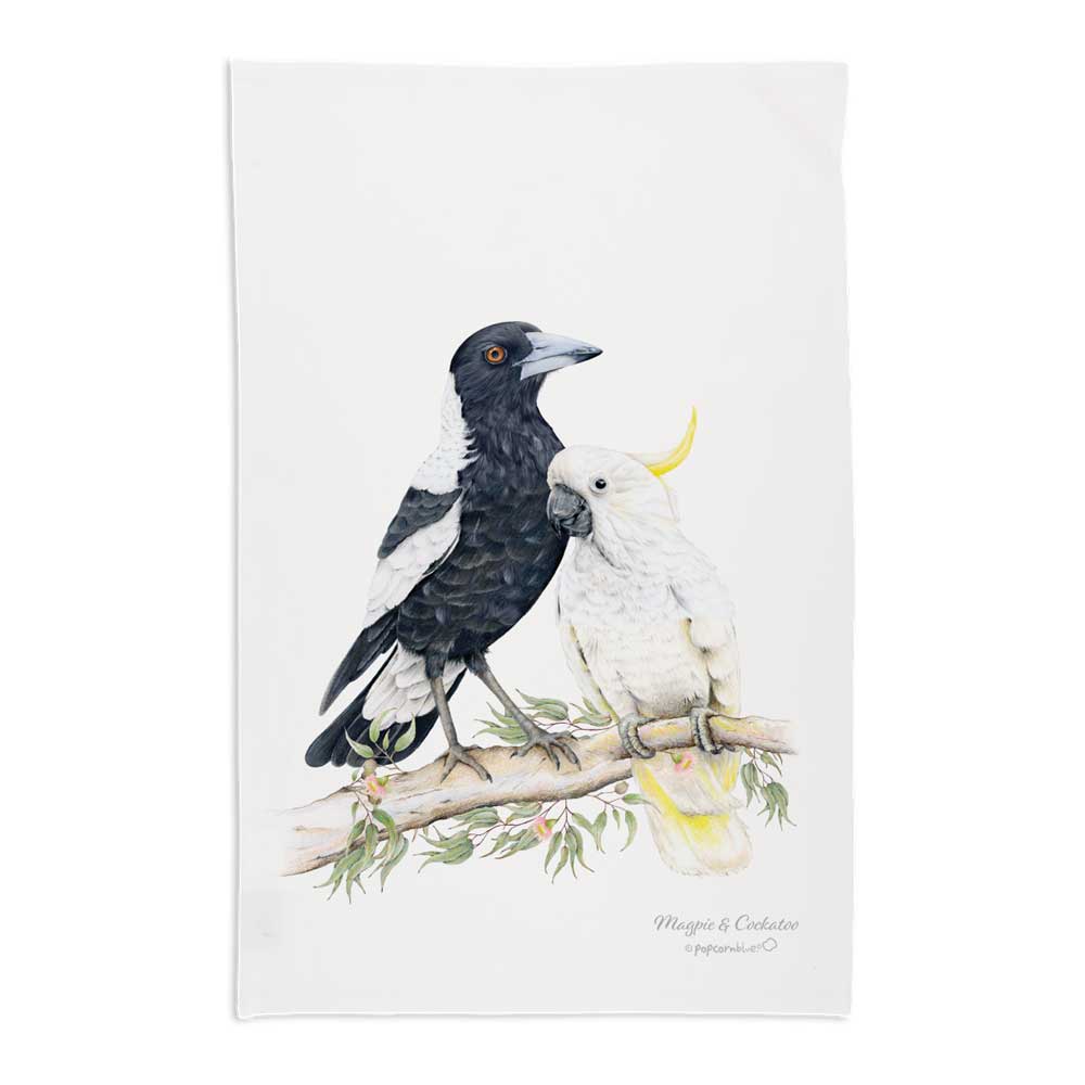 Magpie & white cockatoo tea towel