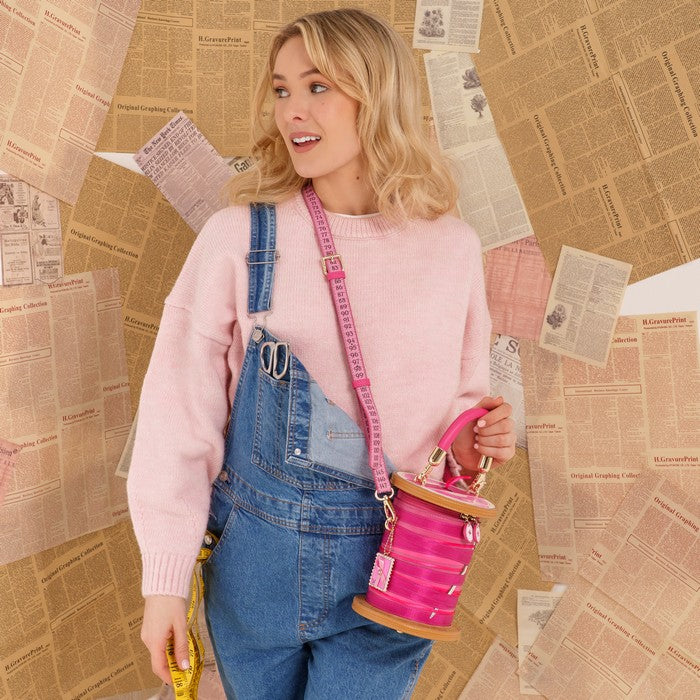 Pink Ribbon Sewing Box Scrapbook - Cotton Reel Bag - Vendula London Model Shot