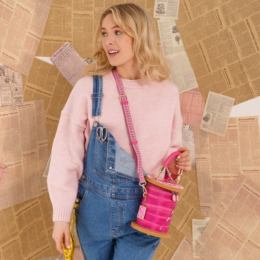 Pink Ribbon Sewing Box Scrapbook - Cotton Reel Bag - Vendula London Model Shot