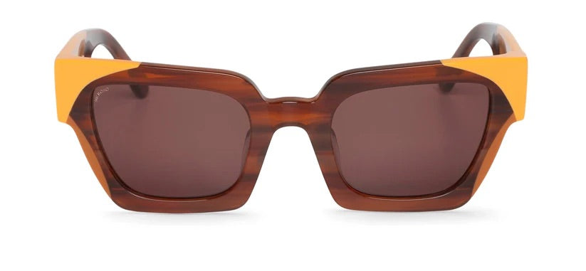 Brown square sunglasses with orange corner feature