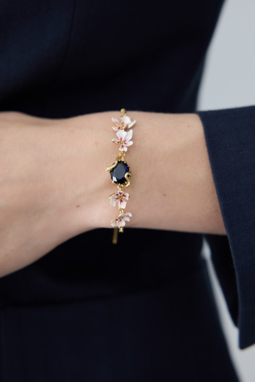 Bracelet With Blue Faceted Stone, Gold Snake and Mallow Flowers | AYVA2011