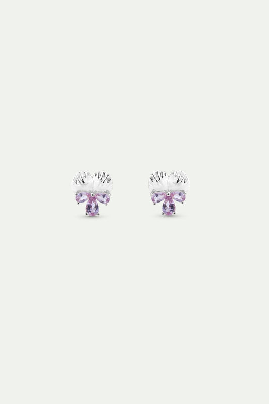 Silver Earrings With Pansy and Pink Stones | AYNF1021