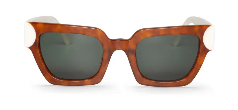 Tan coloured sunglasses with white arms and a square frame