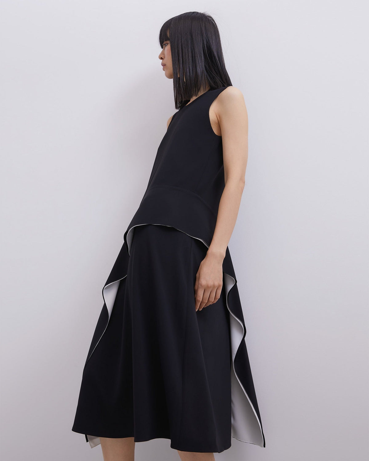 Black/White Midi Dress With Front Flounce