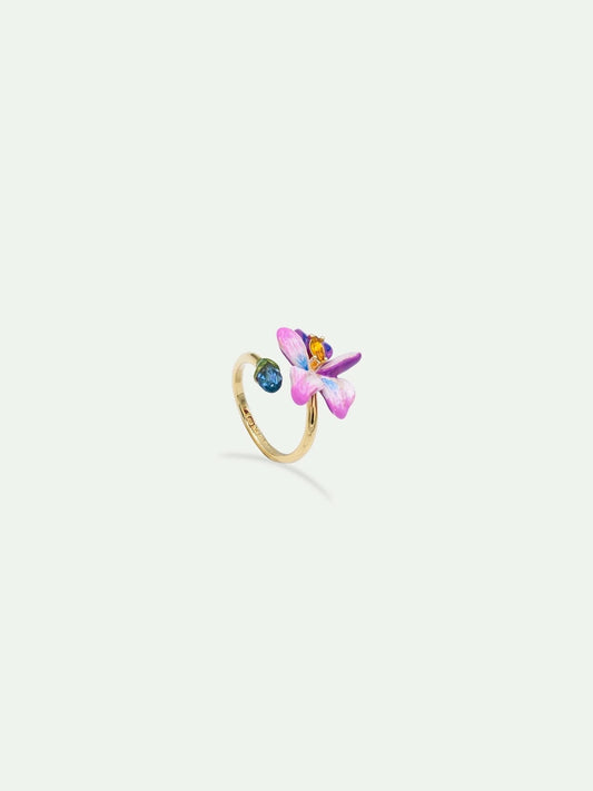 Adjustable Ring With Violet Flower And Blue Cut Stone