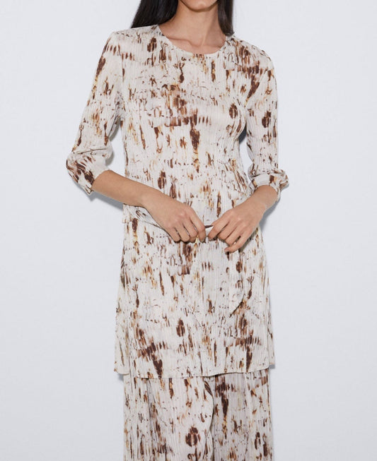 Women Short Sleeved Shirt | Animal Print Recycled Polyester Crinkle Blouse by Spanish designer Adolfo Dominguez