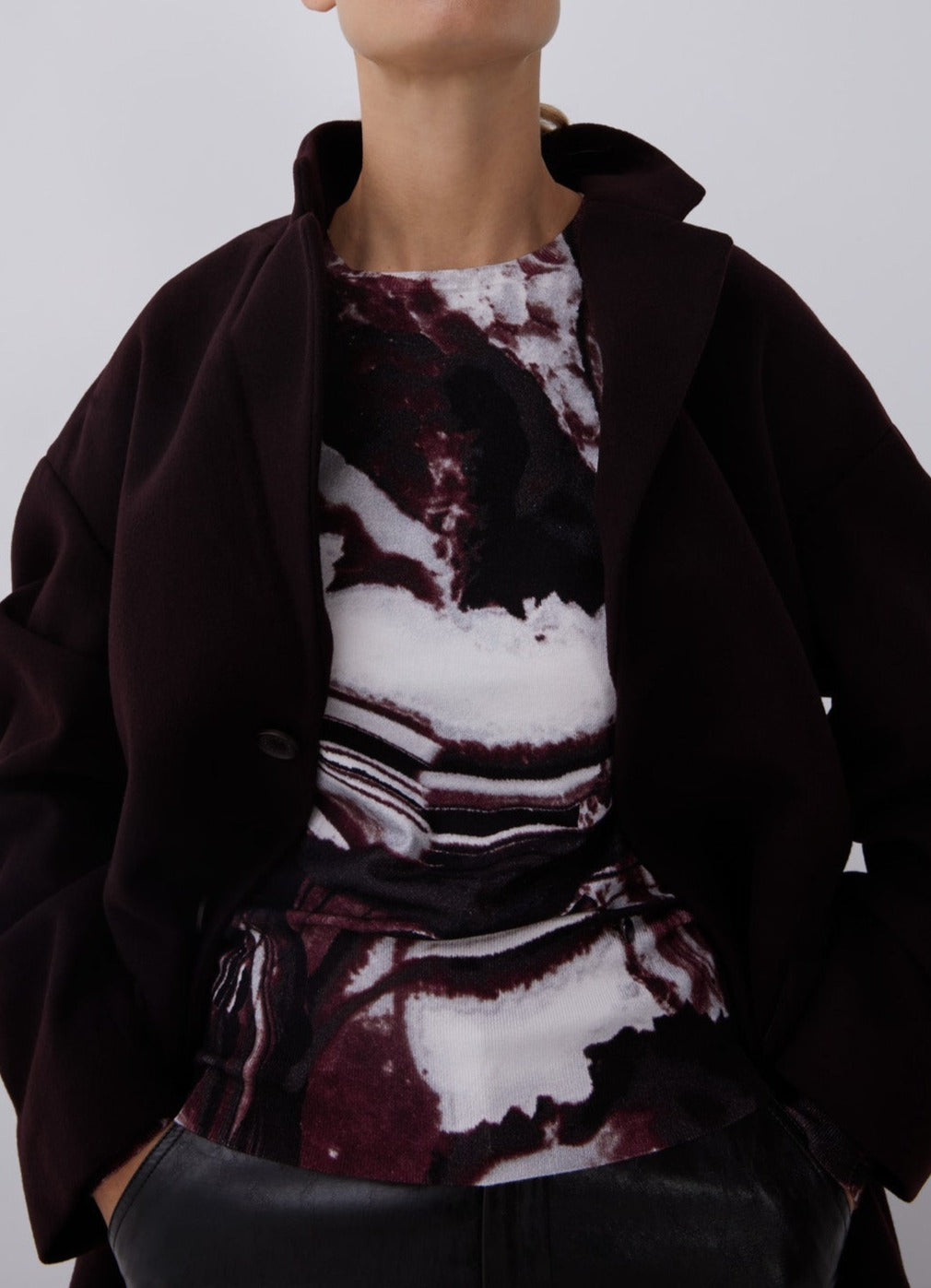 Women Jersey | Aubergine Print Printed Sweater With Crew Collar by Spanish designer Adolfo Dominguez