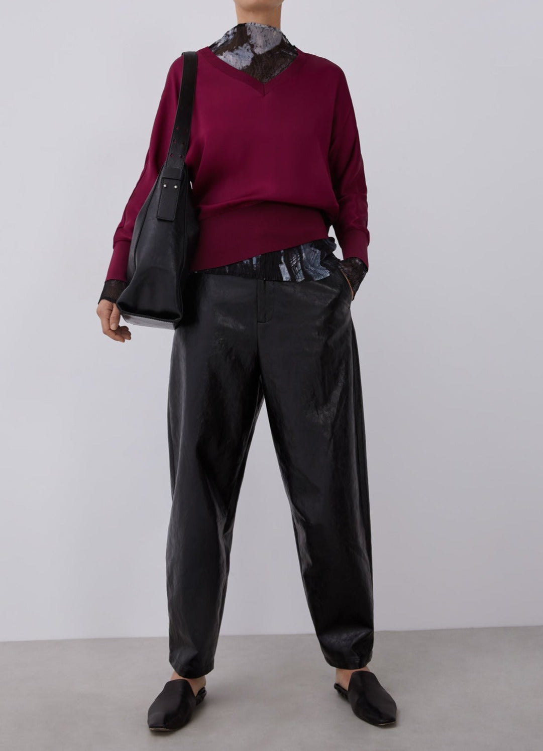 Women Long-Sleeve T-Shirt | Aubergine V-Neck Viscose T-Shirt by Spanish designer Adolfo Dominguez