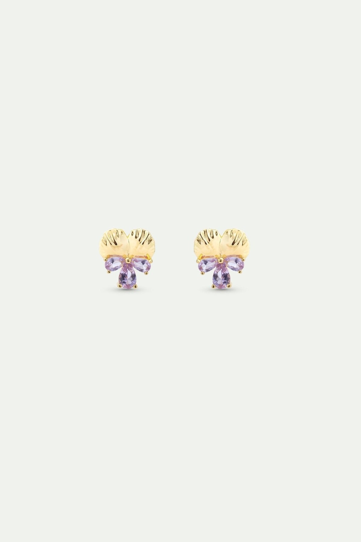 Gold Post Earrings With Pansies and Pink Stones | AYNF1011 - Les Nereides