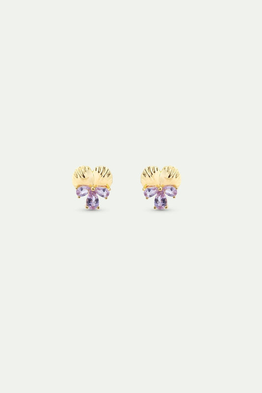 Gold Post Earrings With Pansies and Pink Stones | AYNF1011 - Les Nereides