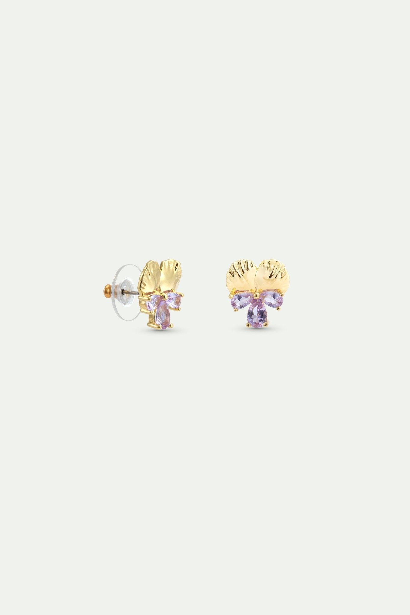 Gold Post Earrings With Pansies and Pink Stones | AYNF1011 - Les Nereides